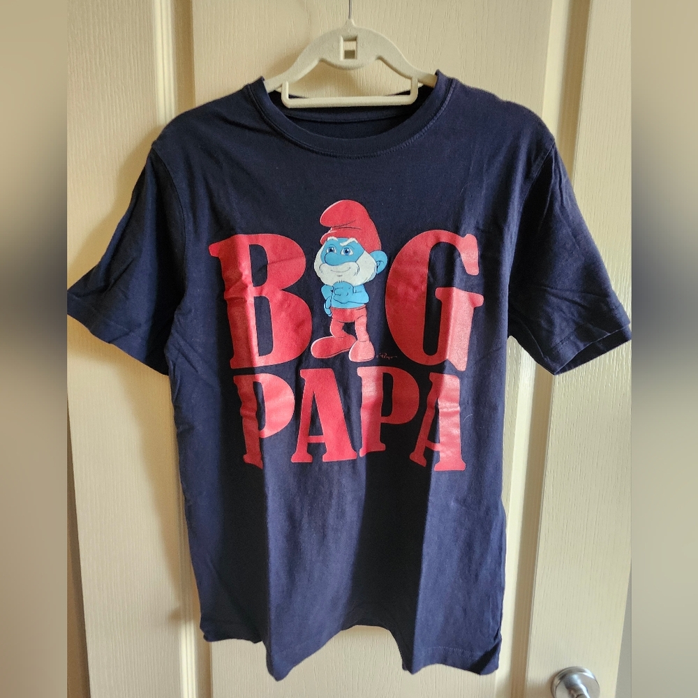 THE SMURFS Big Papa Short-Sleeve Cotton Navy Blue T-Shirt. Unisex. Size Small.